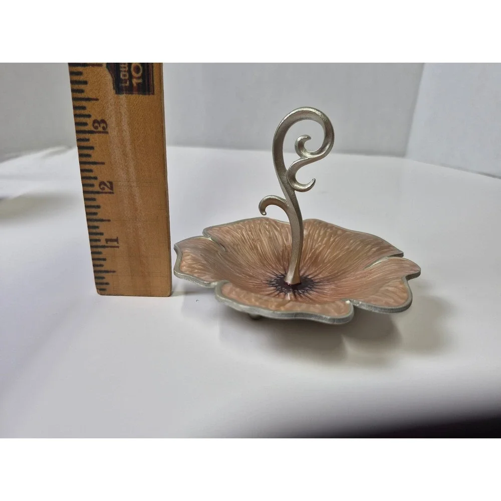 Cynthia Rowley Flower Ring Holder Enameled Peach Silver Tone Scroll Vanity Tray